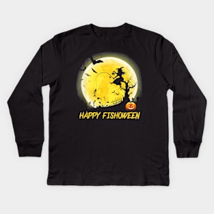 Happy fishoween Halloween Fisherman Witch fishing Fish Kids Long Sleeve T-Shirt